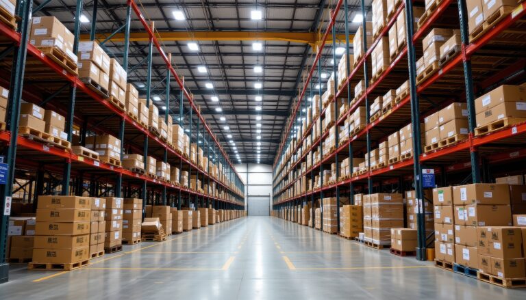 A vast industrial warehouse showcasing efficient logistics management through meticulously stacked boxes and neat aisles