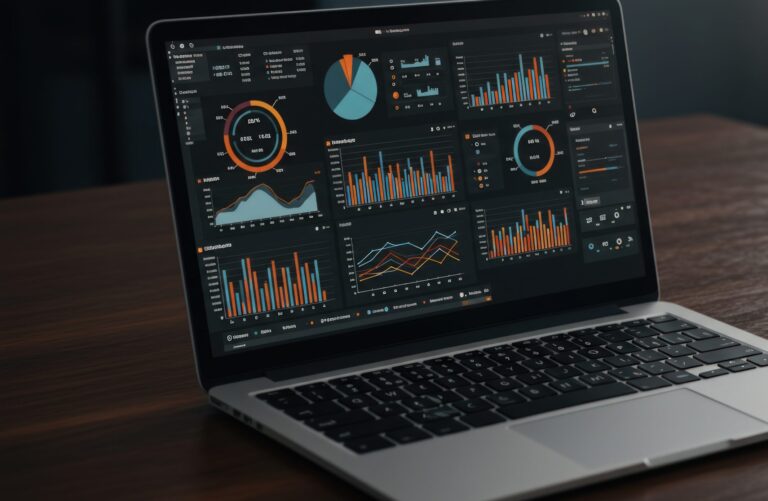 Laptop displaying data analytics and financial graphs for business intelligence